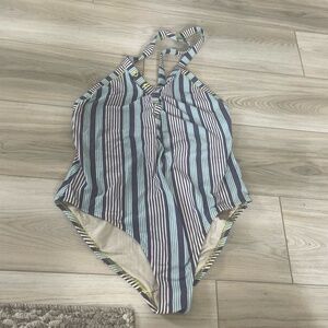 Out From Under Striped Halter Snap Front T Back‎ One-piece Swimsuit Size Large